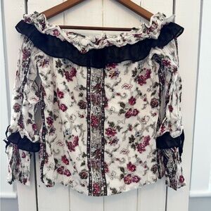 Club Monaco Floral Off-Shoulder Top - Black and Pink
